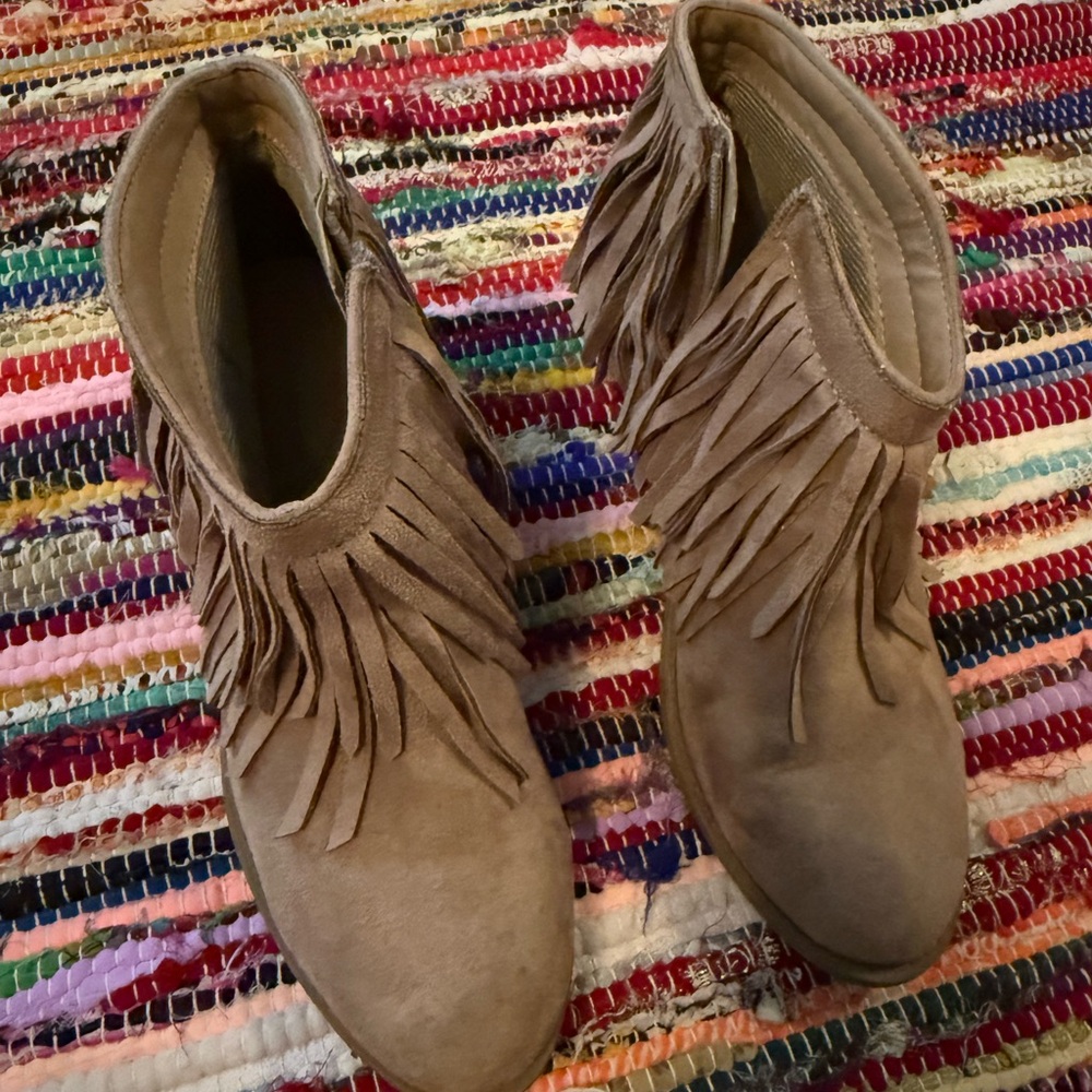 Soda Tan Ankle Booties with Fringe Detail